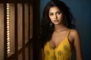 indian-model-wearing-yellow-dress-shot-generative-ai-photo